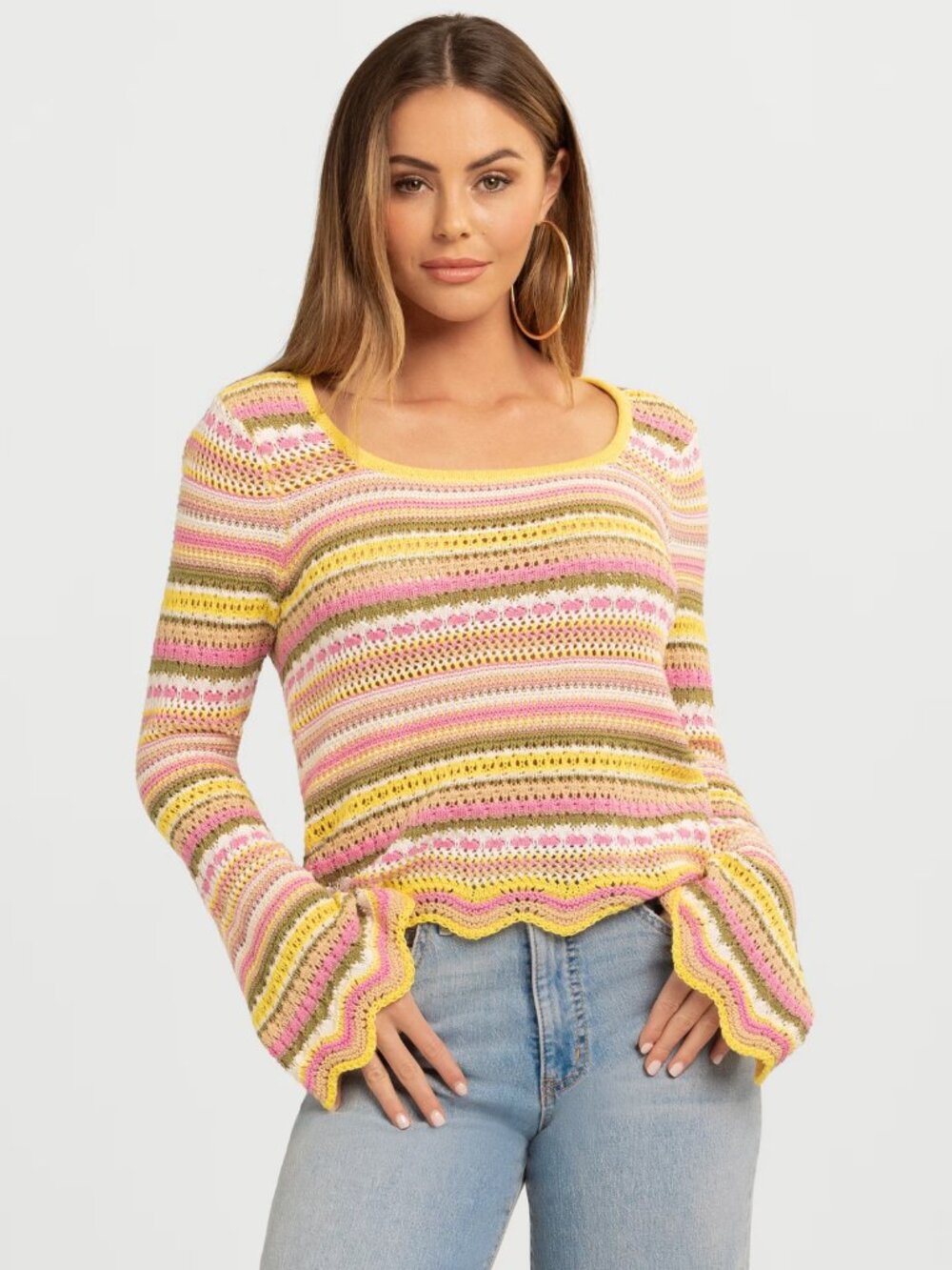Jessica Simpson Multicolor Striped Crochet Knit Sweater Size L